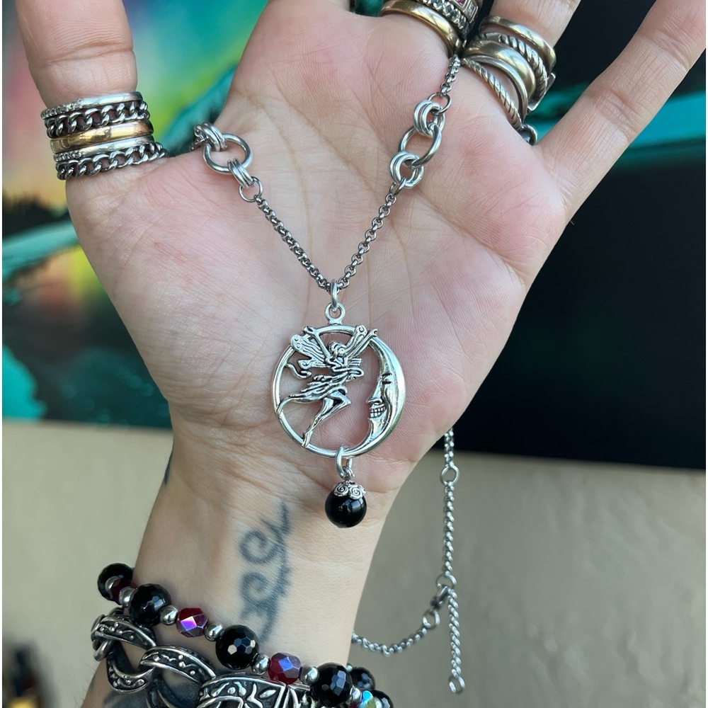 Set ! Fairy & moon dangly onyx gemstones beads necklace + matching earrings boho - Picture 5 of 12